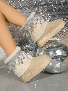 2025 Autumn/Winter New Women Snow Boots, Faux Fur Tassels Thermal Lined Furry Shoes, Grey/Black Thick Sole Short Boots, Soft Plush Rhinestone Home Slippers