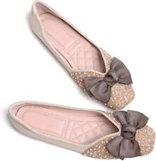 SAILING LU Square Toe Flats Shoes Rhinestoned Bowknots Ballet Flats For Women Studded Dress Shoes Comfort Light Weight LoafersChristmas - C-米色 - 查看 8