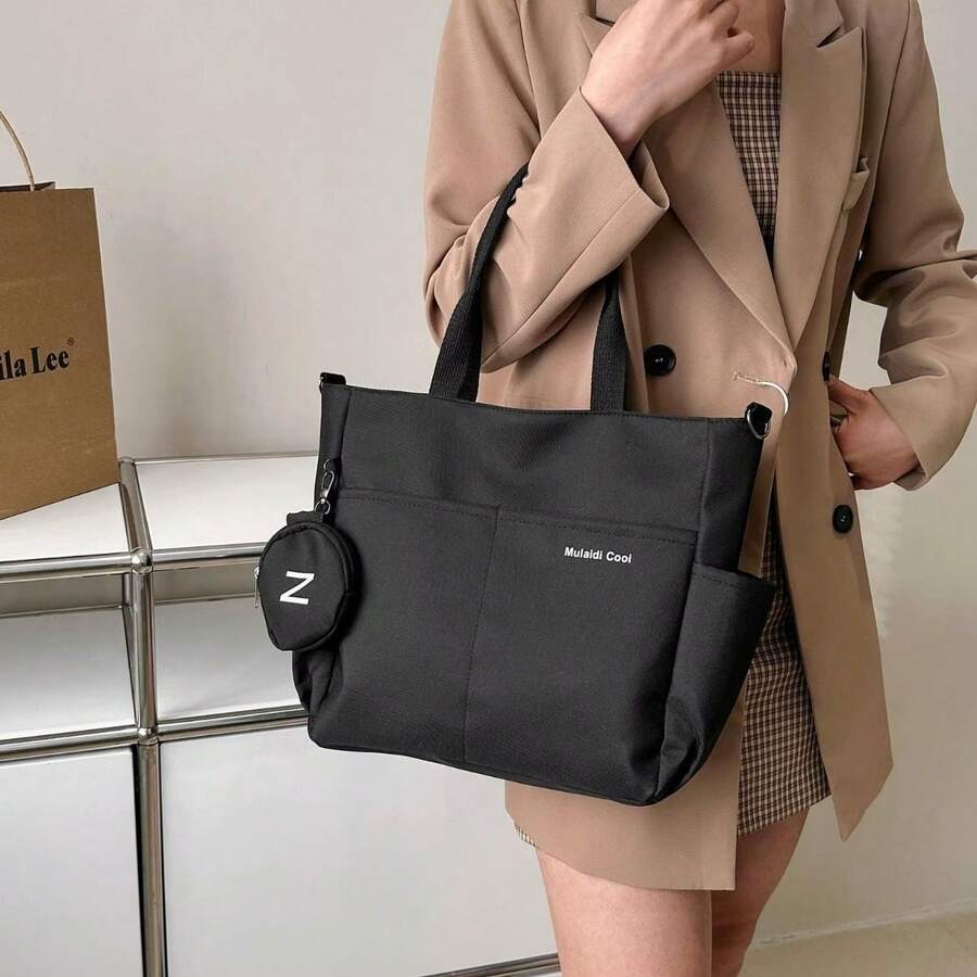 Alwy Women's Tote Bag Crossbody Strap Work College Notebook Laptop Resistant Adjustable Beach Outing Travel Casual Style Lightweight Mini Purse With Zipper - màu đen - Xem 1