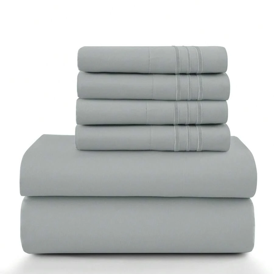 LUX DECOR 6-Piece Embroidered Bed Sheet Set – Brushed Microfiber, Deep Pocket, Lightweight & Breathable – Graduation Gifts, Home Decor, Sleep Protection For Dorms, Student Beds, Back‑To‑School Gift, Soft Bed Linens, Comfortable Sleep, Luxury Bed Set, Valentine's Day Bedroom, Spring Bedding Refresh, Guest Room Essentials, Dorm Room Bedding, Premium Bed Linens, Easy Care Sheets, Hypoallergenic Fabric, Year-Round Comfort, Master Bedroom Update, Matching Bedding Set, Hotel Quality Linens - 灰色 - 查看 1