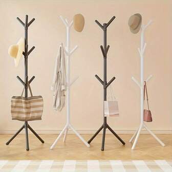 1pc White 9-Hook Floor Standing Coat Rack, Minimalist Single Rod Bedroom Clothes Hanger - No Installation Required, Sturdy Household Clothing/Hat/Bag/Towel Hooks With 360° Rotating Hooks, Free-Standing Coat Rack, Size: 62.3*19.69in, Daily Balanced Garment Hanging