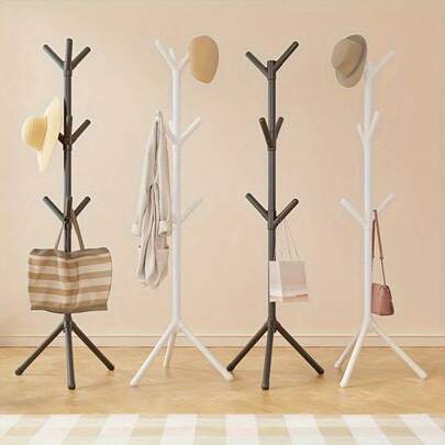 1pc White 9-Hook Floor Standing Coat Rack, Nordic Minimalist Single Rod Bedroom Clothes Hanger - No Installation Required, Sturdy Household Clothing/Hat/Bag/Towel Hooks With 360° Rotating Hooks, Free-Standing Coat Rack