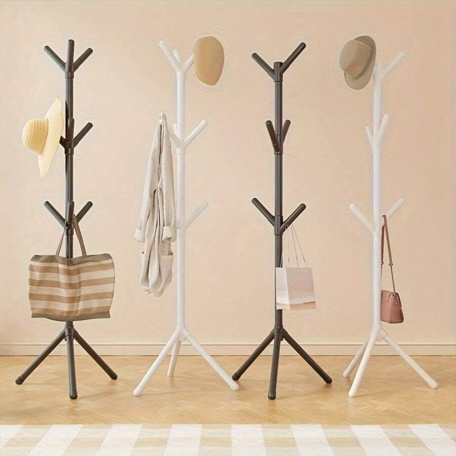 1pc White 9-Hook Floor Standing Coat Rack, Minimalist Single Rod Bedroom Clothes Hanger - No Installation Required, Sturdy Household Clothing/Hat/Bag/Towel Hooks With 360° Rotating Hooks, Free-Standing Coat Rack, Size: 62.3*19.69in, Daily Balanced Garment Hanging - Multicolor - View 1