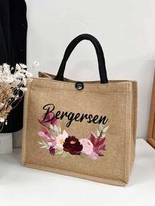 Customized Name Tote Bag, Floral Pattern And Customized Text, Solid Color Makeup Bag, Women's Linen Large Capacity Tote Bag, Shopping Bag, Portable Casual Storage Tote Bag, Suitable For Daily Travel, Beach Vacation, Large Capacity Shopping Bag, Perfect For School, Birthday, College, Work, Business, Commute, Outdoor, Travel, Vacation And Other Occasions, Women's Tote Bag And Large Tote Bag - Khaki - View 11