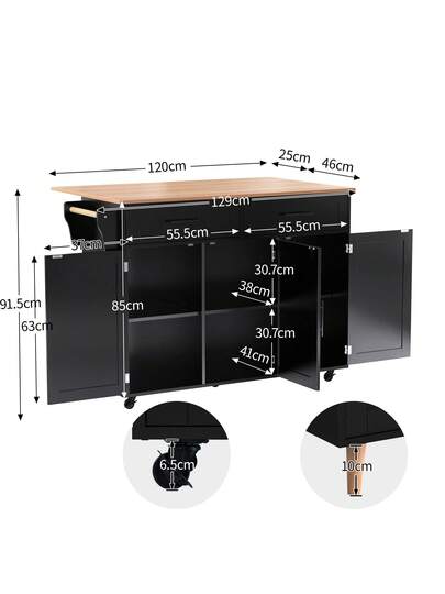 Kitchen Isl 129 71 91.5 Cm, Mobile Folding Tabletop, Drawers Storage Spaces, Trolley Metal Support Frame Height Adjustable Shelves, Kitchen, Dining Room view 4
