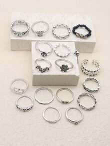 20pcs/Set Vintage Bat, Butterfly, Skull, Flower, Heart Chain Natural Stone Handmade Beaded Knuckle Rings Set, Women Party Gift - Antique Silver - View 3