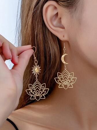1 Pair Bohemian Asymmetric Moon, Sun, Lotus Flower Pendant Earrings, Suitable For Women's Daily Wear