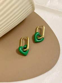 COINBUFF 1pc Elegant Lady-Like Detachable Heart Pendant Square Golden-Tone Hoop Earrings, Suitable For Everyday Wear Valentines