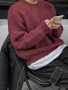 Lightweight, Loose Fit Knit Sweater With Textured Pattern, Casual Unisex Design, Suitable For Autumn And Winter, Long Sleeve Top - Red - View 4