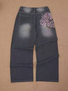 Y2K Rock Hip Hop Vintage Jeans, Loose Wide Leg Retro Jeans With Cherry Blossom Embroidery, Floral Embroidered Pocket Light Wash Pioneer Fashion Jeans - Grey - View 2