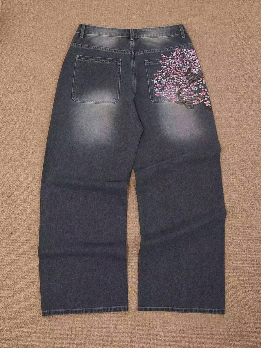 Y2K Rock Hip Hop Vintage Jeans, Loose Wide Leg Retro Jeans With Cherry Blossom Embroidery, Floral Embroidered Pocket Light Wash Pioneer Fashion Jeans