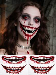 4 hojas de tatuajes temporales de terror de Halloween, tatuajes temporales impermeables, diseño de fauces y dientes densos de monstruos aterradores, de un solo uso, accesorios para festivales, adecuados para accesorios de adultos para maquillaje de fiesta, accesorios para rave