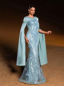 Elisanya 优雅美人鱼晚礼服，饰有3D立体花卉贴花、亮片和串珠，修身剪裁，从腰部延伸至膝盖，蓬松的薄纱裙摆，适合婚礼、正式晚宴、晚间活动和情人节派对等场合。 - 青碧色 - 查看 8