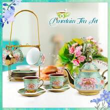Vintage Floral Porcelain Tea Set 20-Piece With Gold-Rimmed Teapot, 6 Cups, Saucers, Spoons & Metal Stand – Afternoon Tea, Garden Party, Wedding, Bridal Shower, Holiday Gift, Thanksgiving & Christmas Table Decor - Green - View 6