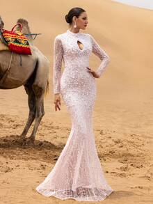 Faeriesty Robe de soirée de luxe sirène pailletée avec perles et encolure montante, découpe au niveau du décolleté - Élégance de luxe pour les galas, mariages, bals de promo et réceptions Top de gamme pour femmes - Rose pâle - Voir 7