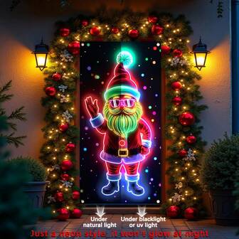 1件耐用涤纶霓虹圣诞老人圣诞挂饰，适合新年和冬季庆祝活动，尺寸：35.4x70.8英寸
