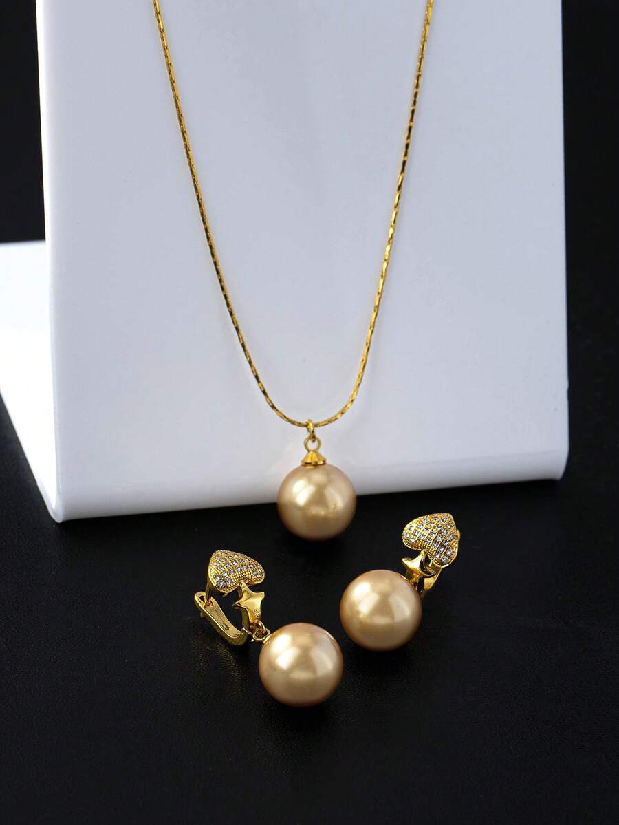 3件套简约日常玻璃仿珍珠宝石耳钉、项链套装，优雅休闲通勤佩戴，适合女性，可用于订婚派对、日常佩戴、母亲节、情人节等场合。 - 香檳色 - 查看 1