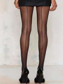 1 Pair Black Vertical Line Jacquard Sheer Sexy Pantyhose, Suitable For Spring/Summer, Cozy