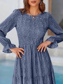 Women Leopard Long Sleeve Maxi Dress Flounces High Waist Smocked Tiered Dress Fall Spring Wedding Guest Vacation Holiday Boho Valentine Dresses Outfits - 深藍色 - 查看 6