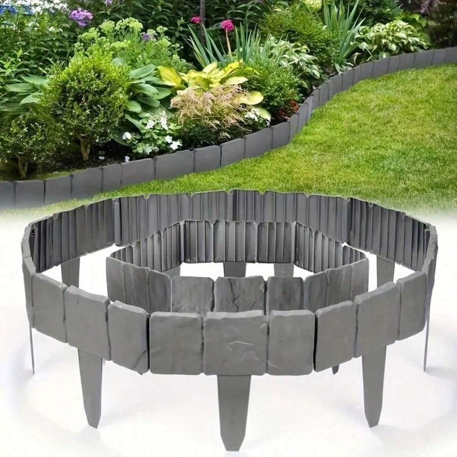 10 Stücke Grau Stein-Effekt Interlocking Garten Randstein - Landwirtschaftlicher Zaun für Rasen, Terrasse Dekoration - 9.84 Inches Landschaftszaun für Blumenbeete, einfach zu installieren und wetterfest