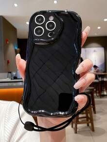 1pc 3D Wave Transparent Cream Textured Silicone Wrist Strap Phone Case Compatible With IPhone 11/12/13/14/15/16, IPhone 16/15/14/13/12/11 Pro Max, XS/XR/X/7/8/Plus, Galaxy A73 A72 A71 A70 A56 A55 A54 A53 A52 A51 A50 A36 A35 A34 A33 A32 A31 A26 A25 A24 A23 A22 A21S A20S A20 A15 A14 A13 A12 A11 A06 A16 A04E A04 A23 A03 A16 - Black - View 3
