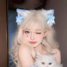 1 Pair Cute Cat Ear Barrette With Blue & White Color Block & Heart Bow - Lolita Style For Comic Convention - kẹp tóc màu xanh - Xem 7