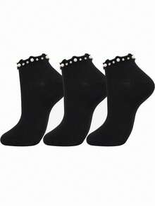 1双/5双/6双装 女士仿珍珠刺绣短袜，春夏隐形袜，柔软舒适，黑白休闲蓬松袜，适合日常穿着，居家、办公、学校、运动等场合，舒适保暖 - 白色 - 查看 8