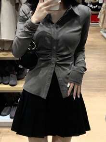 Áo kiểu tay phồng xếp ly thời trang dành cho các cô gái sành điệu, dáng ôm, phong cách Hàn Quốc thường ngày, thích hợp cho mùa xuân. - Xám - Xem 1