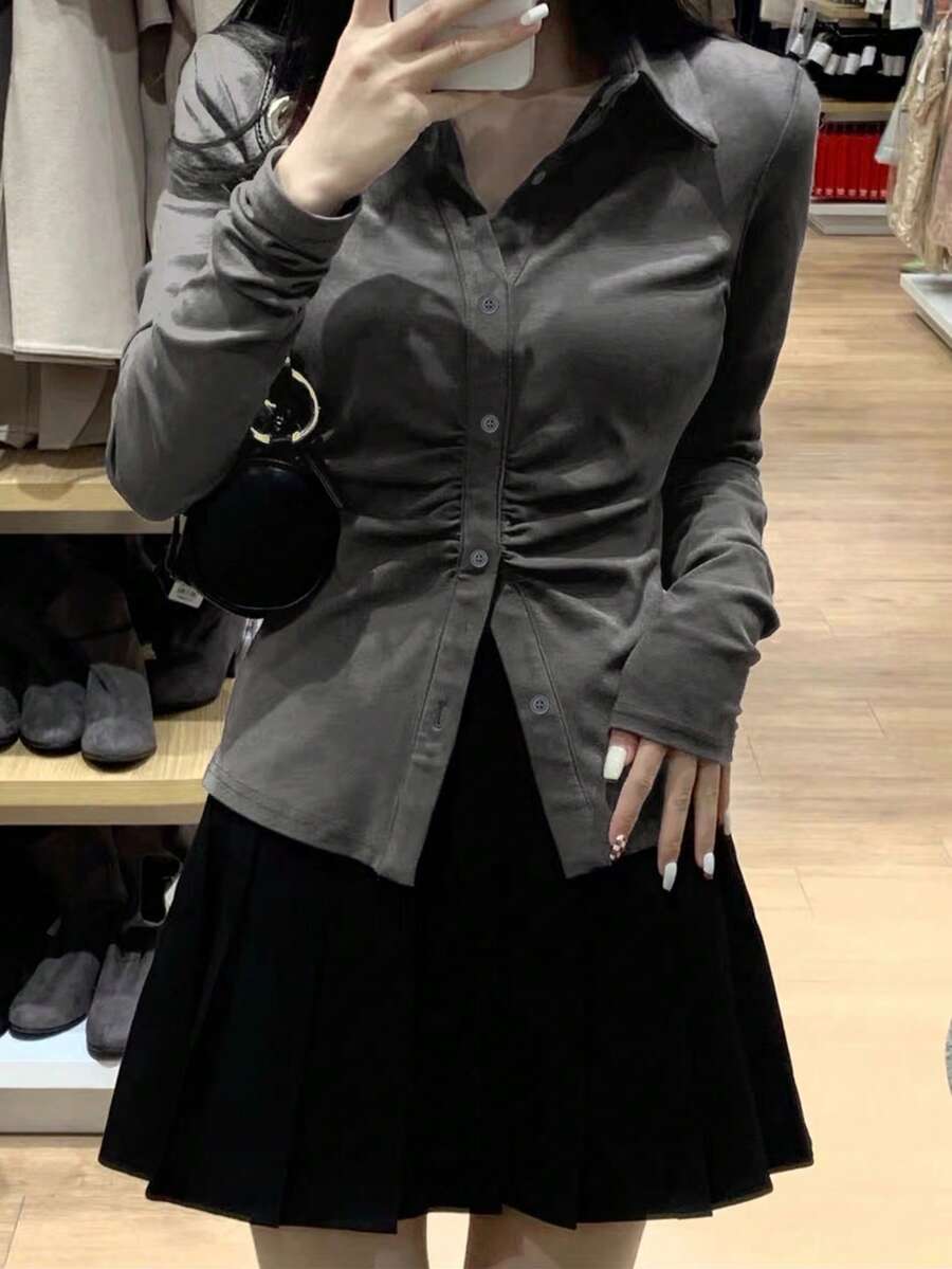 Áo kiểu tay phồng xếp ly thời trang dành cho các cô gái sành điệu, dáng ôm, phong cách Hàn Quốc thường ngày, thích hợp cho mùa xuân. - Xám - Xem 1