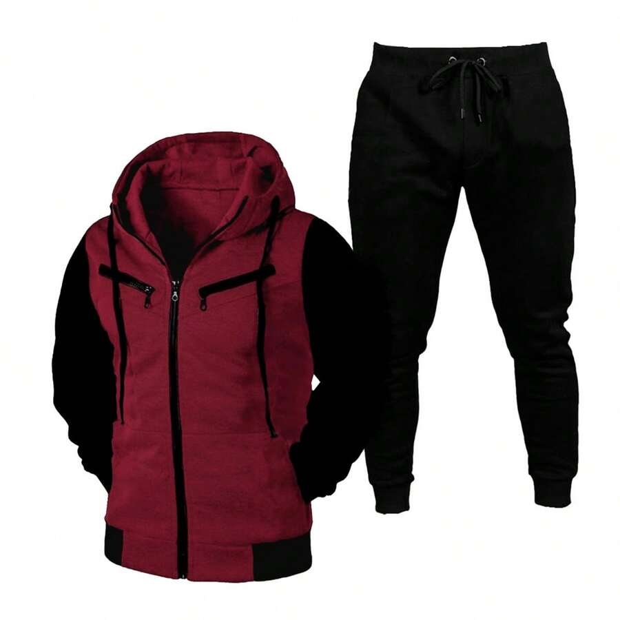 Sweatshirt And Pants Set With Pocket Unisex Tracksuit Kit - 紫紅色 - 查看 1