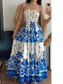 July Tropical Strapless Dress In Various Prints, 2025 Collection - Azul Marino - Ver 2