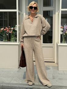 Livesso 2pcs Set Women's Solid Color Drop Shoulder Sweater And Wide-Leg Knit Pants Casual Loose Outfit,Fall Clothes - Camel - View 3
