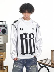 MT99 大号刺绣白色运动衫，V领长袖上衣 - 白色 - 查看 2