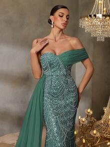 Faeriesty Đầm dạ hội lệch vai thanh lịch, thiết kế xếp ly bất đối xứng, chân váy đuôi cá tinh tế, phù hợp cho các dịp trang trọng như đám cưới. - Màu xanh lá cây đậm - Xem 5