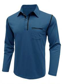 Contrast Color Stripe Decor Pocket Long Sleeve Henley T-Shirt For Men, Spring/Autumn - Blue - View 4