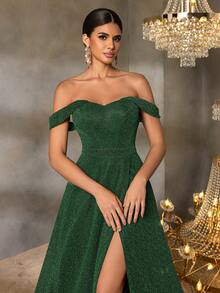 女士优雅露肩高开衩 A 字形礼服：适合盛大婚礼、尊贵舞厅舞会、独家红毯活动、高端慈善晚会、奢华新年晚会 - 墨綠色 - 查看 5