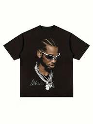 Men's Ultra-Soft Basketball Star & Fashion Glasses Print T-Shirt - Casual Short Sleeve Round Neck Tee, Machine Washable All-Season Comfort, Black, Basketball Shirt, Sporty Apparel, Quality Fabric