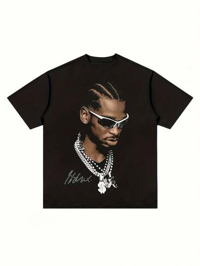 Men's Ultra-Soft Basketball Star & Fashion Glasses Print T-Shirt - Casual Short Sleeve Round Neck Tee, Machine Washable All-Season Comfort, Black, Basketball Shirt, Sporty Apparel, Quality Fabric