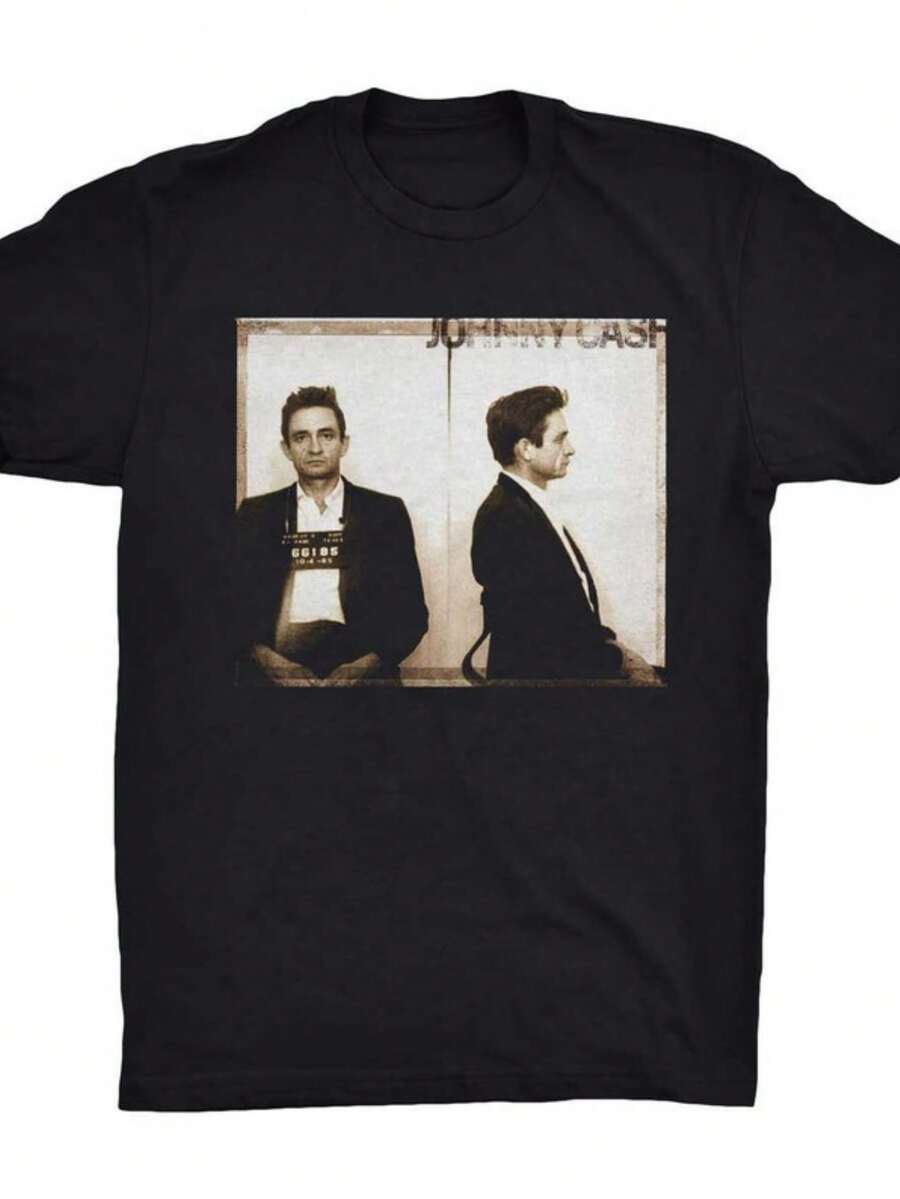 Johnny   T-Shirt.   Cash Mugshot. Music T-Shirt. Graphic Tee. Country Music T-Shirt. - màu đen - Xem 1