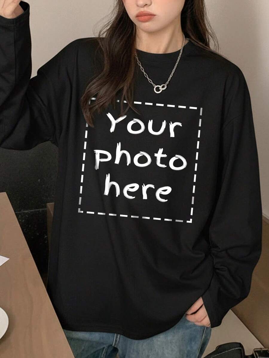 Customized Women's Long Sleeve T-Shirt - Customized Top, Customized T-Shirt, Can Add Your Photos/Designs, Customized Exclusive Top Sports Black - Black - View 1