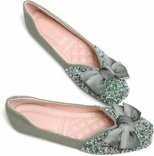 SAILING LU Square Toe Flats Shoes Rhinestoned Bowknots Ballet Flats For Women Studded Dress Shoes Comfort Light Weight LoafersChristmas - C-綠 - 查看 2