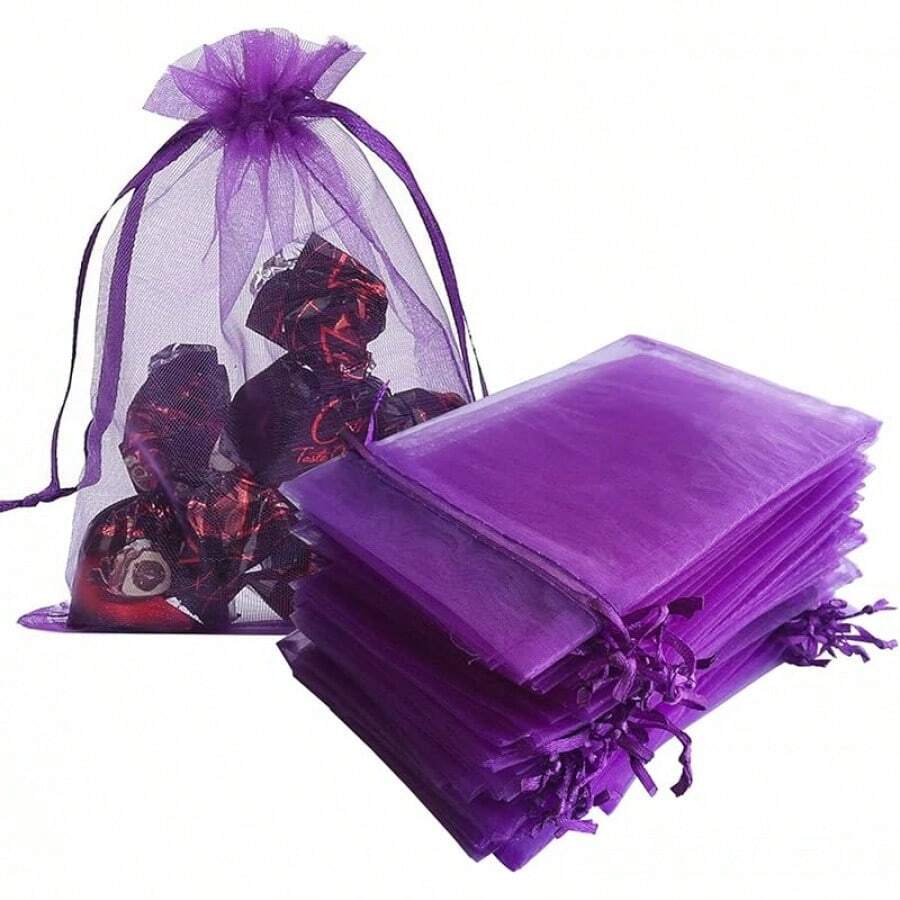 2025Organza Gifts Bags Sets Of 50 Drawstring 4x6 Inch Pink For Baby Shower,Girl Birthday,Party Favors,Wedding,Bridal Shower,Graduation,Halloween,Bulk Sheer Fabric Mesh Tie Sack For Jewelry,Candy - 紫色 - 查看 1