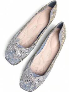 SAILING LU Square Toe Flats Shoes Rhinestoned Bowknots Ballet Flats For Women Studded Dress Shoes Comfort Light Weight LoafersChristmas - B-藍色 - 查看 10