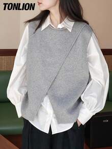 Tonlion 女款不对称开衩套头背心，简约设计，秋冬