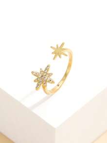 1pc 14K Gold Plated Fashionable Copper Zirconia Star Open Ring For Women's Daily Wear