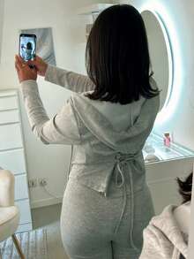 2 piezas Conjunto de sudadera con capucha para mujer con cremallera de color contrastante y cintura ceñida - Gris - Ver 10