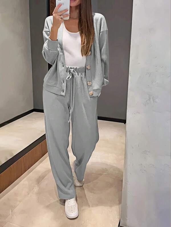 Ensemble 2 pièces pour femmes grande taille, veste de sport décontractée en tricot à boutons et pantalon à cordon de serrage