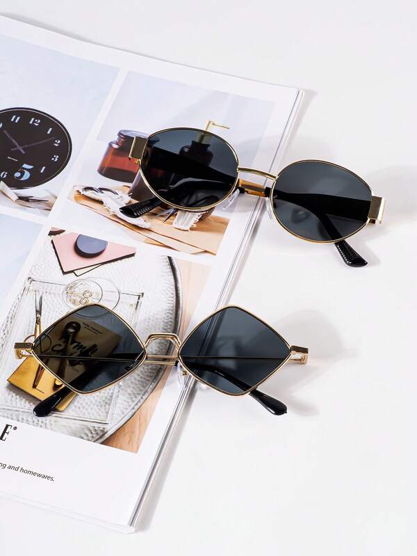 2pcs Women's Oval Rhinestone Metal Frame Set Black Personalized Street Style Fashion Glasses, Luxury Fashion For Beach, Suitable For Daily Life, Beach Vacation, Outdoor Travel