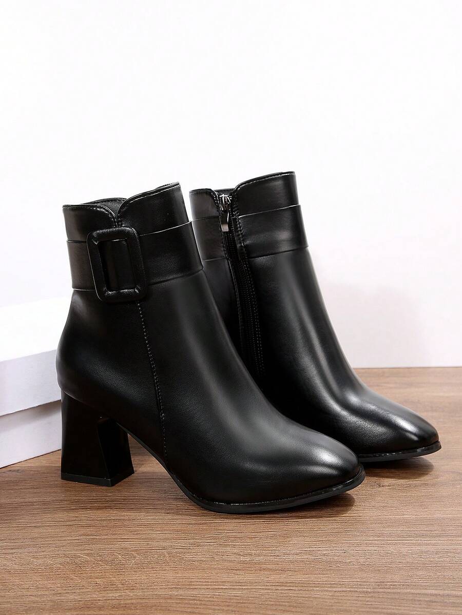 2024秋冬新款百搭粗跟时尚靴，法式白色踝靴，黑色高跟踝靴（女士款） - 黑色 - 查看 1