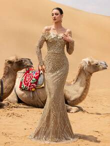 Faeriesty Glamour Luxe Mermaid Evening Gown With Sequin & Bead Embellishments, Open Shoulder Design & Floral Shoulder Accents – Fish-Tail Silhouette For Weddings, Red-Carpet Events, Evening Galas & Award Ceremonies New Year Outfit - Champagne - View 8